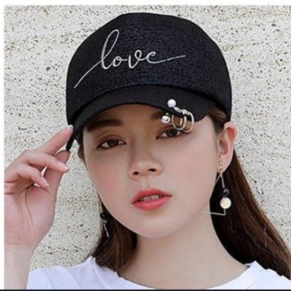K-POP Style Embroidered "Love"  Metallic Ring Bill Adjustable Baseball Cap